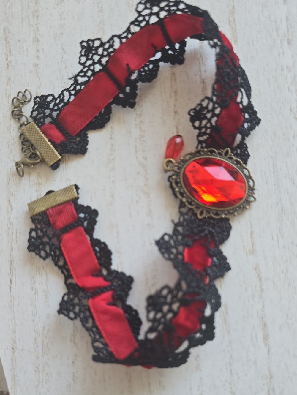 Red Lace Ribbon Choker Necklace with Red Crystal Pendant